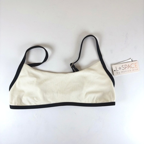 L*Space‎ Gemma Ribbed Bikini Top Swim Bralette Women's M Ivory Black Trim NWT - Picture 1 of 6